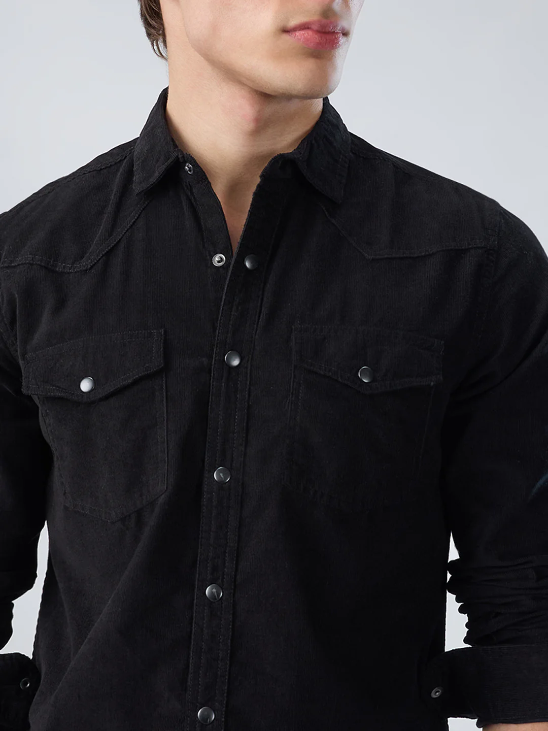 Timeless Black Corduroy Double Flap Pocket Overshirt - Image 3