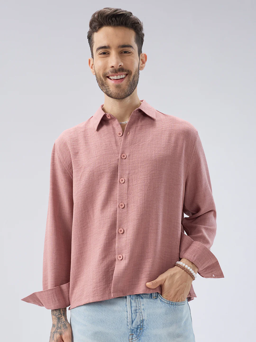 Turkish Rose Pink Slub Textured Side-Slit Button Oversized Crop Shirt - Image 5