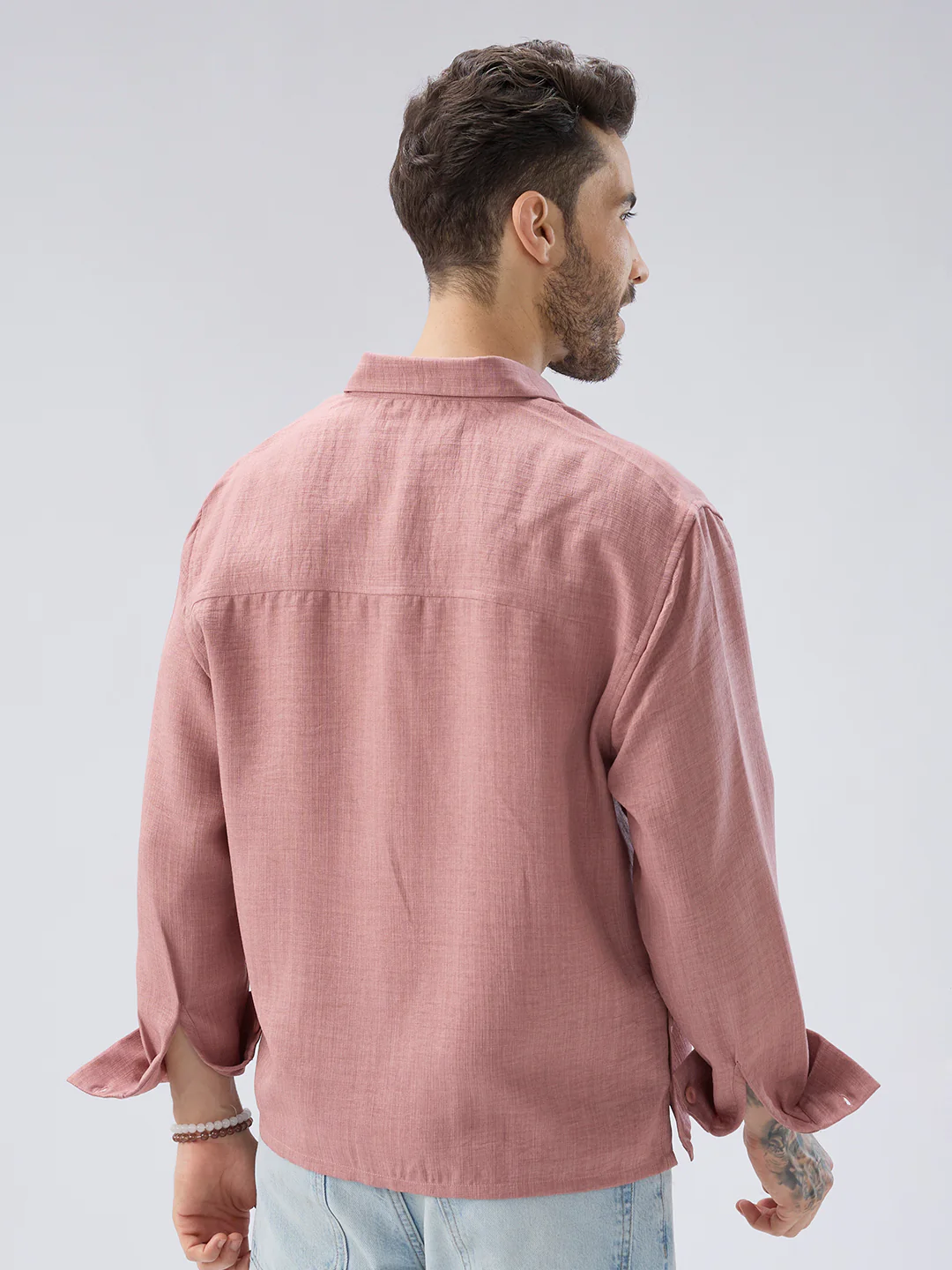 Turkish Rose Pink Slub Textured Side-Slit Button Oversized Crop Shirt - Image 7