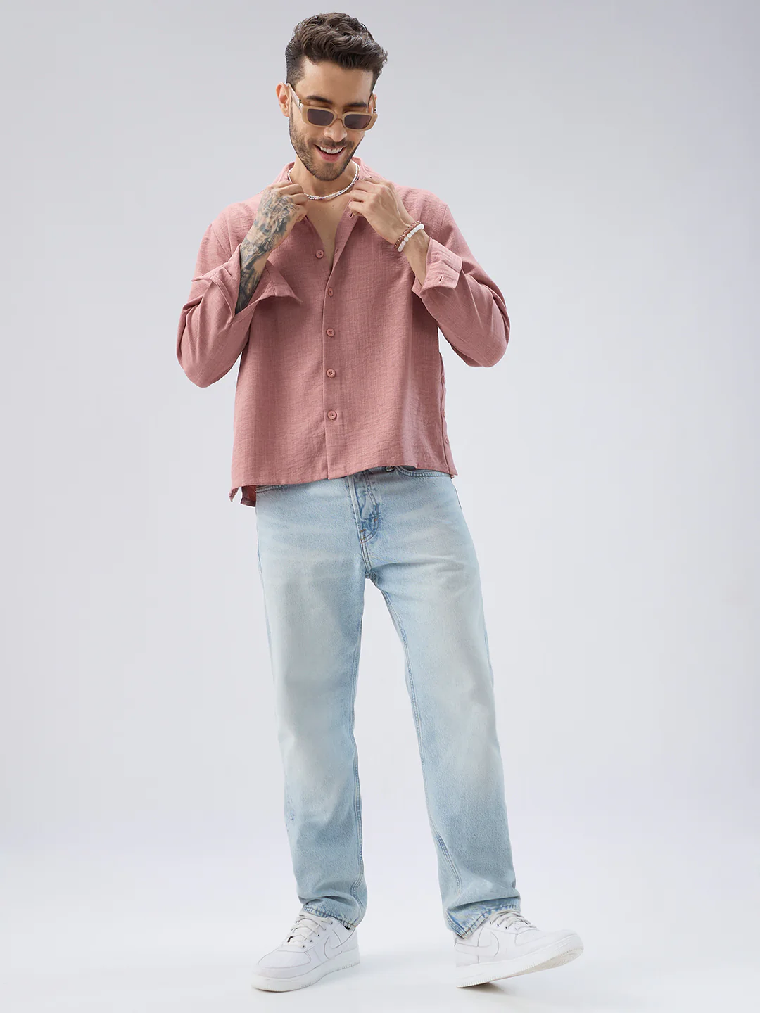 Turkish Rose Pink Slub Textured Side-Slit Button Oversized Crop Shirt - Image 8