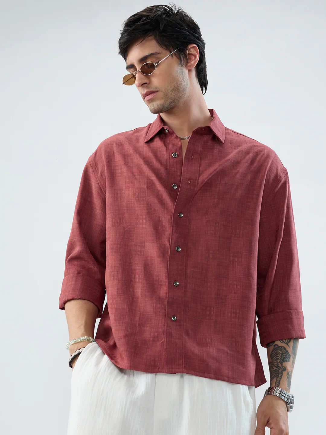 Vermillion Red Soft Grid Textured Boxy Fit Crop Shirt - Image 2