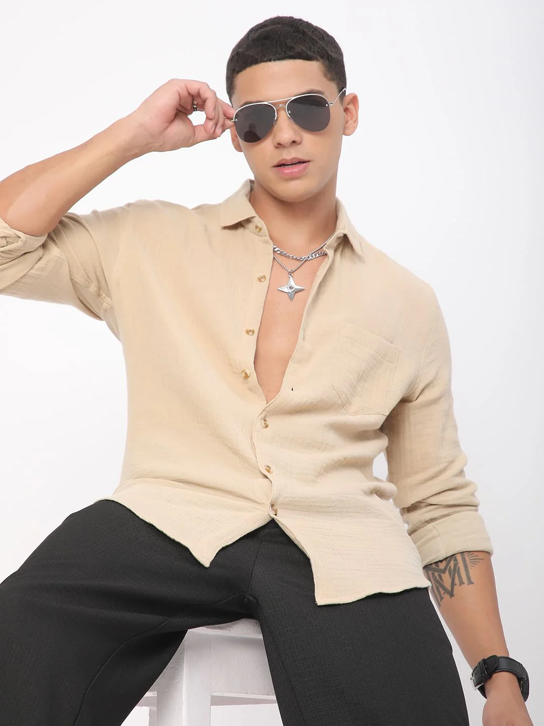 Vintage Almond Beige Double Cloth Crinkled Shirt - Image 2