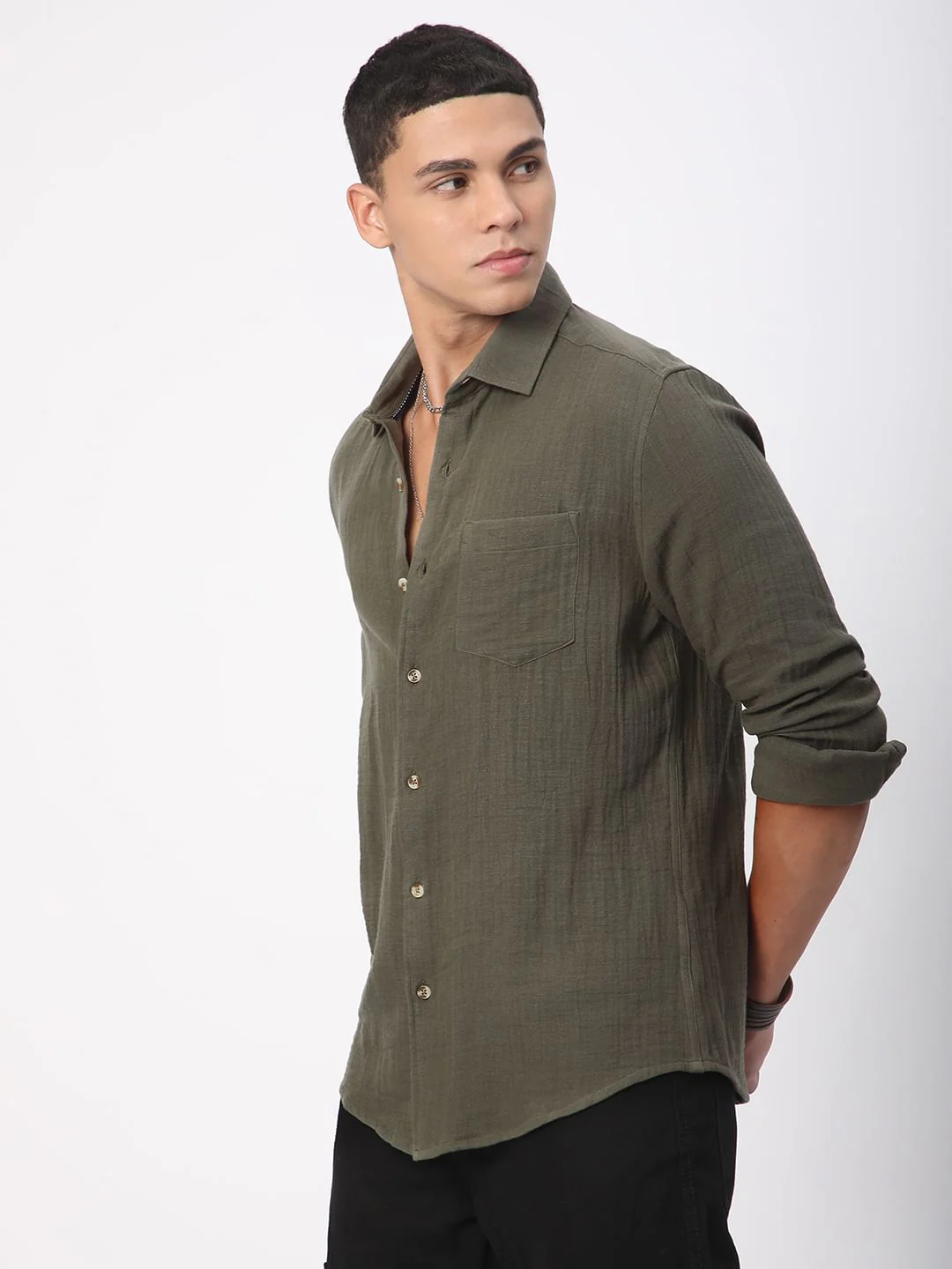 Vintage Olive Double Cloth Crinkled Shirt - Image 6