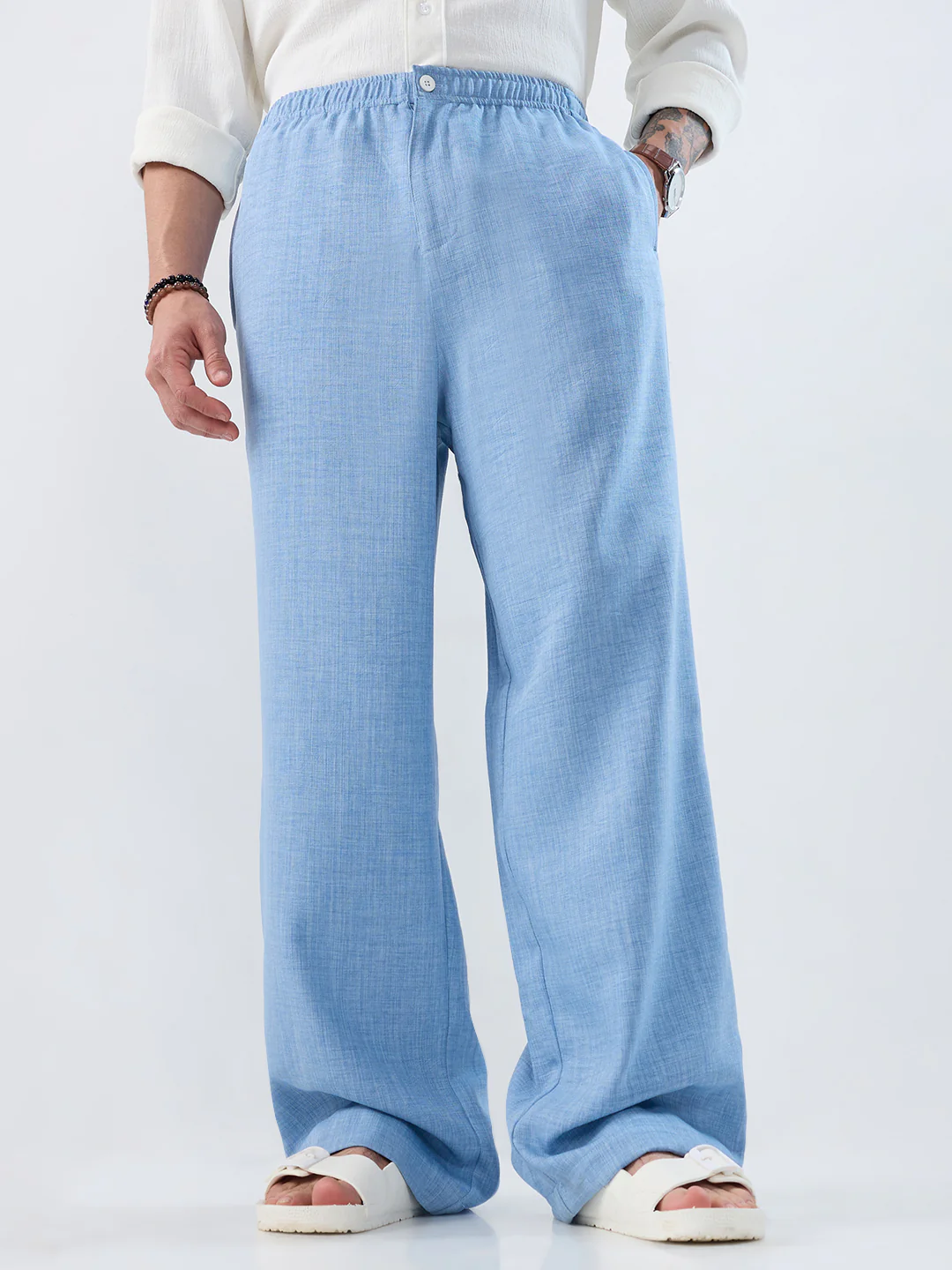 Vivid Sky Blue Slub Textured Wide-Leg Trousers - Image 4