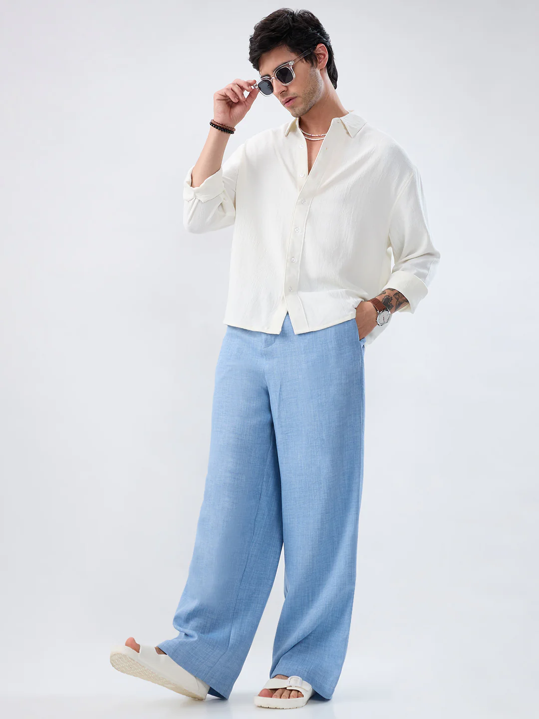 Vivid Sky Blue Slub Textured Wide-Leg Trousers - Image 7