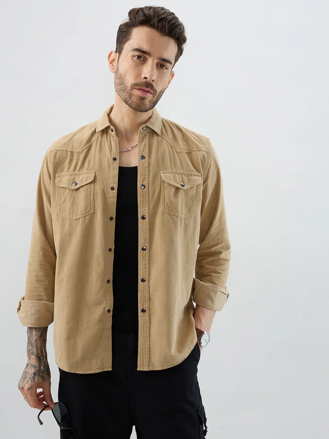 Voguish Camel Beige Double Pocket Corduroy Overshirt