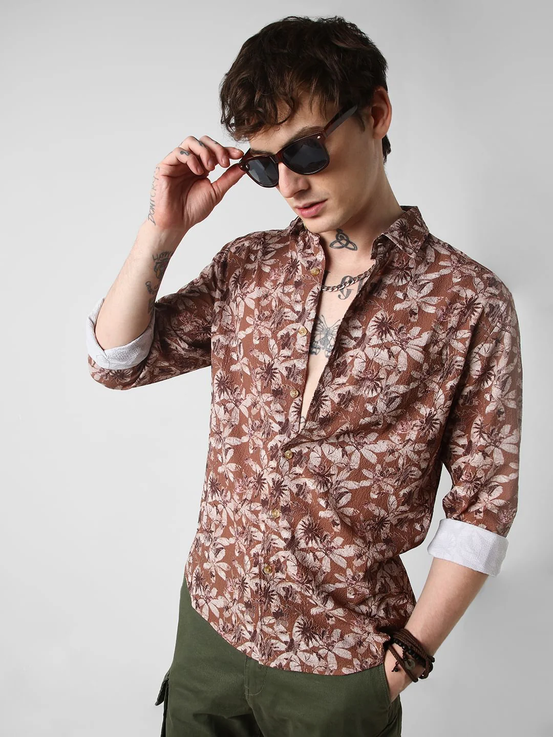 Voguish Creased Brown Floral Shirt - Image 2