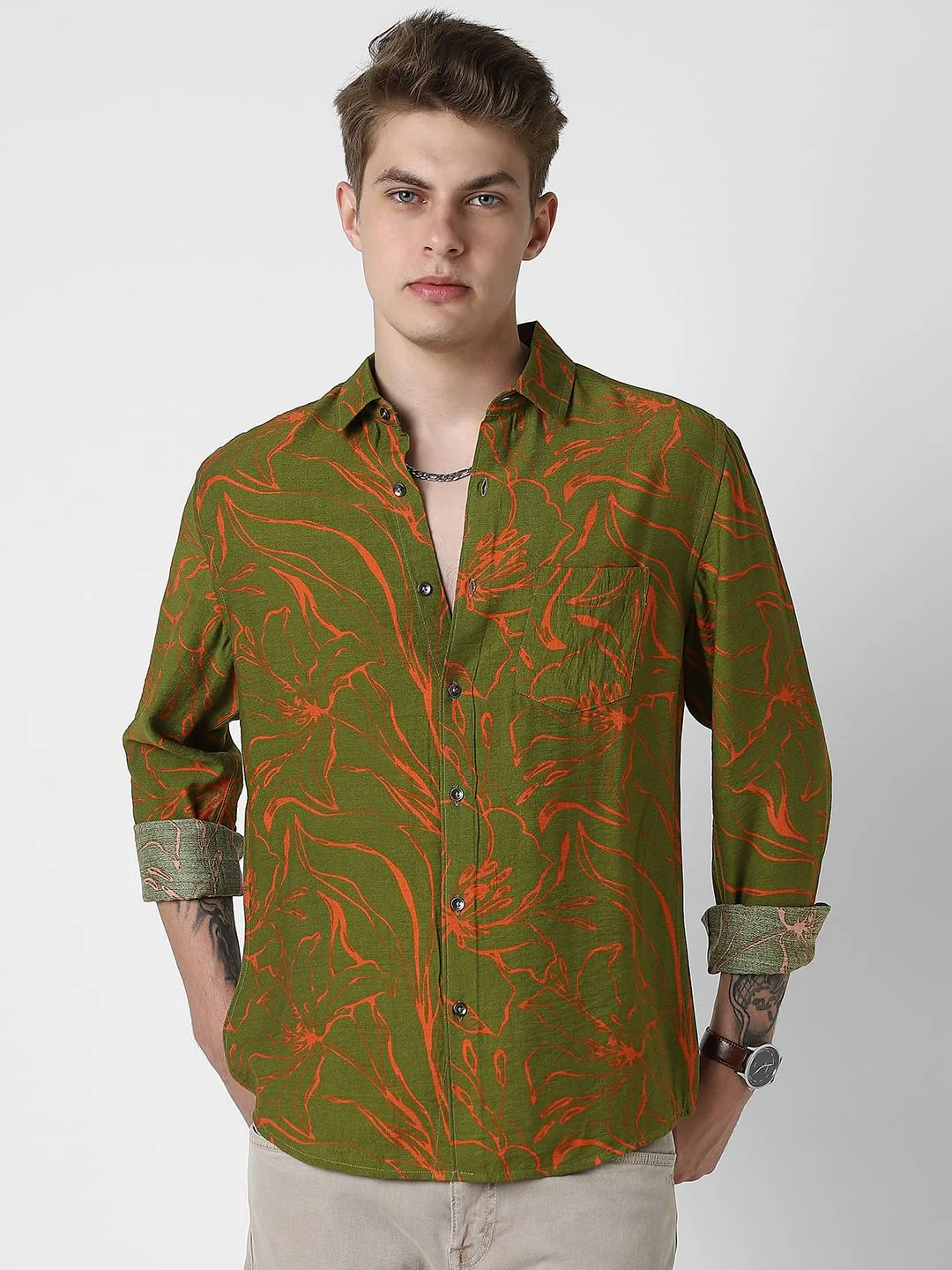 Voguish Moss Green Printed Italian Linen Shirt - Image 5