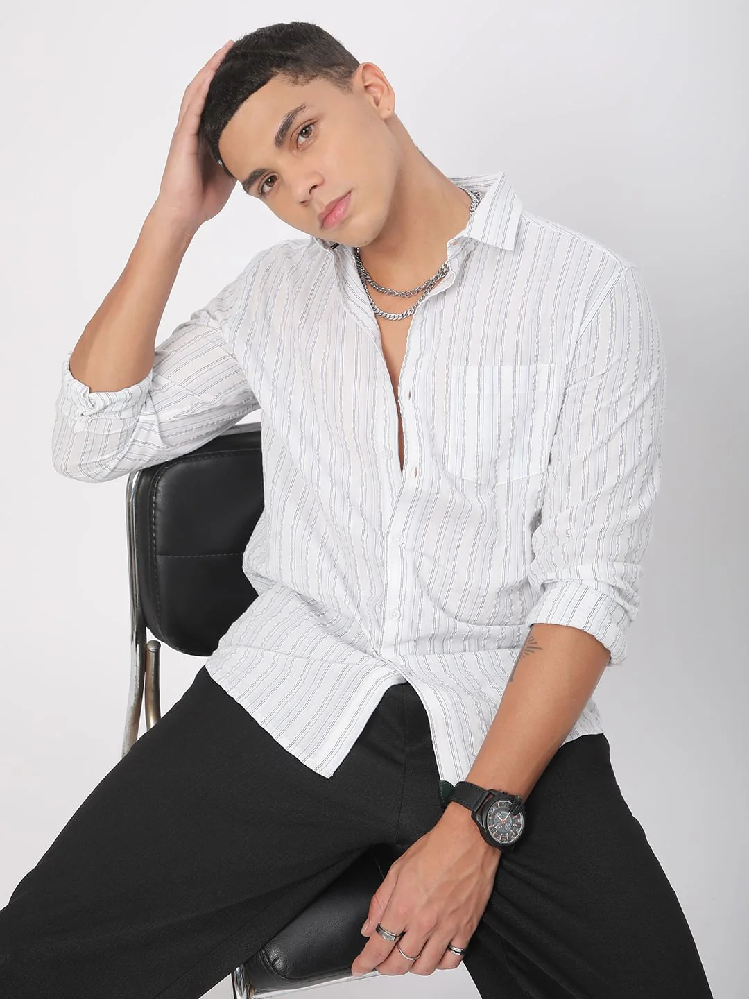 Voguish White Vertical Line Stripe Seersucker Shirt - Image 4