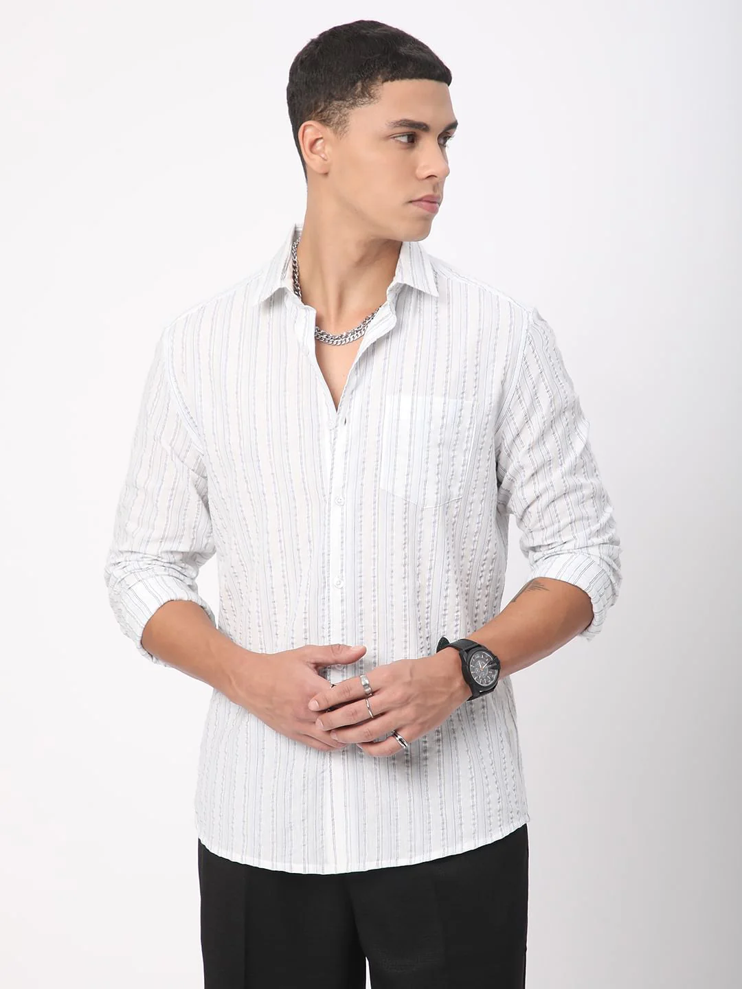 Voguish White Vertical Line Stripe Seersucker Shirt - Image 5