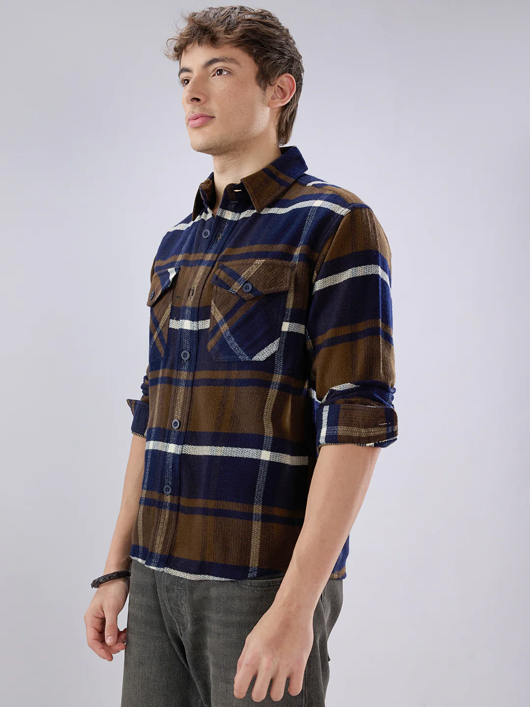 Walnut Brown & Navy Plaid Checks Double Pocket Flannel Shirt - Image 6