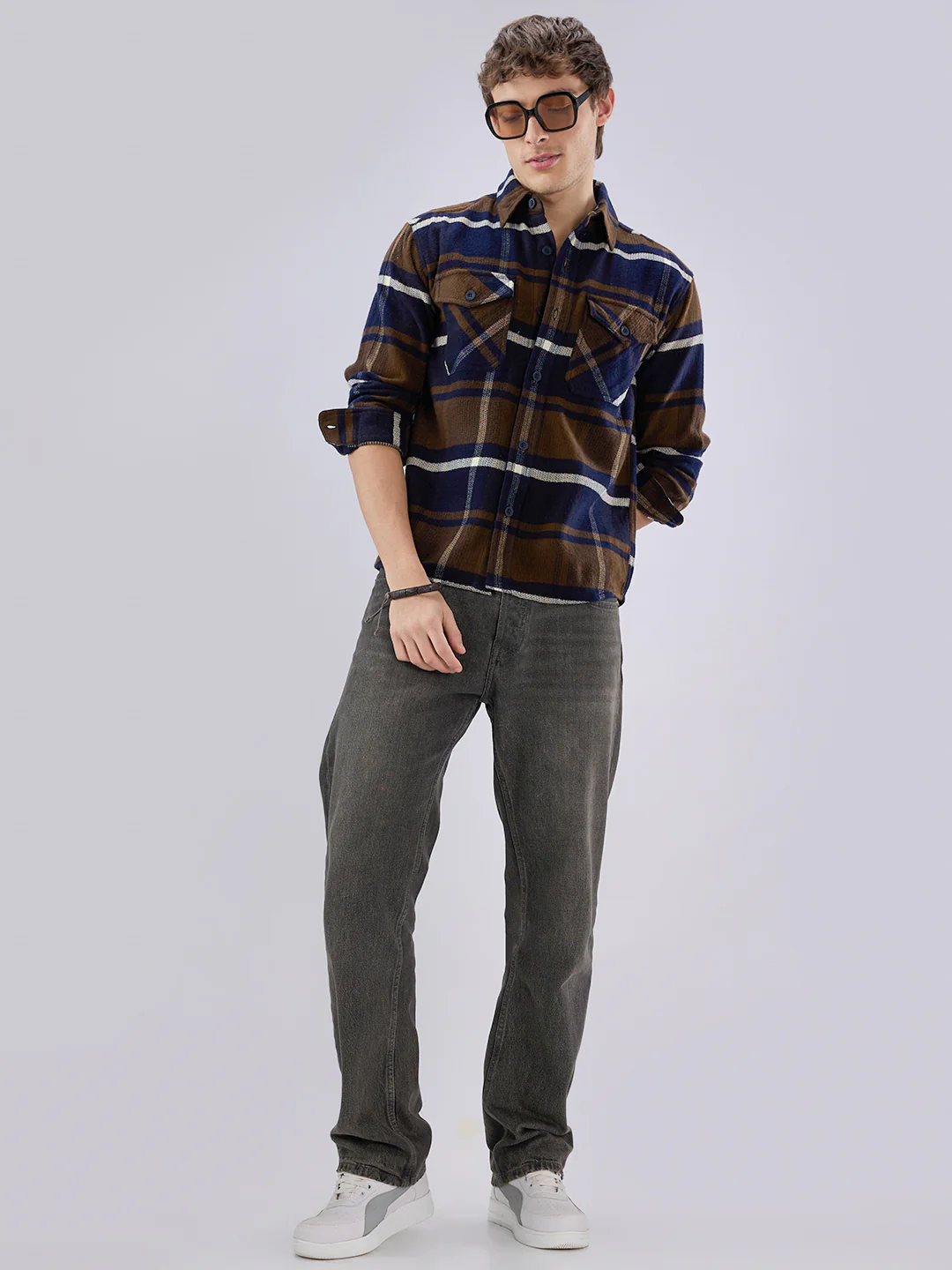 Walnut Brown & Navy Plaid Checks Double Pocket Flannel Shirt - Image 8