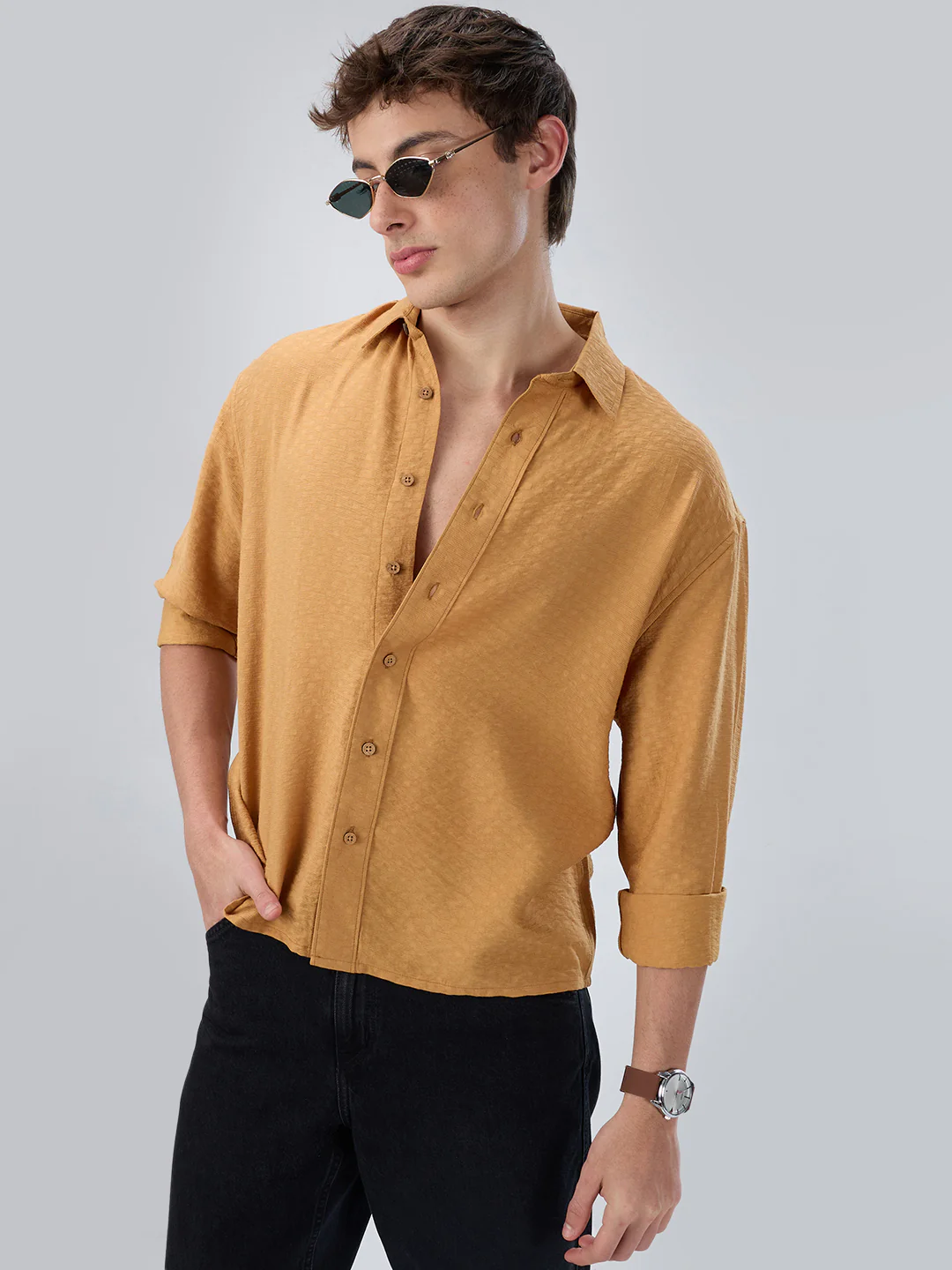 Warm Mustard Sun-Cured Lightweight Textured Boxy Fit  Crop Shirt - Image 2