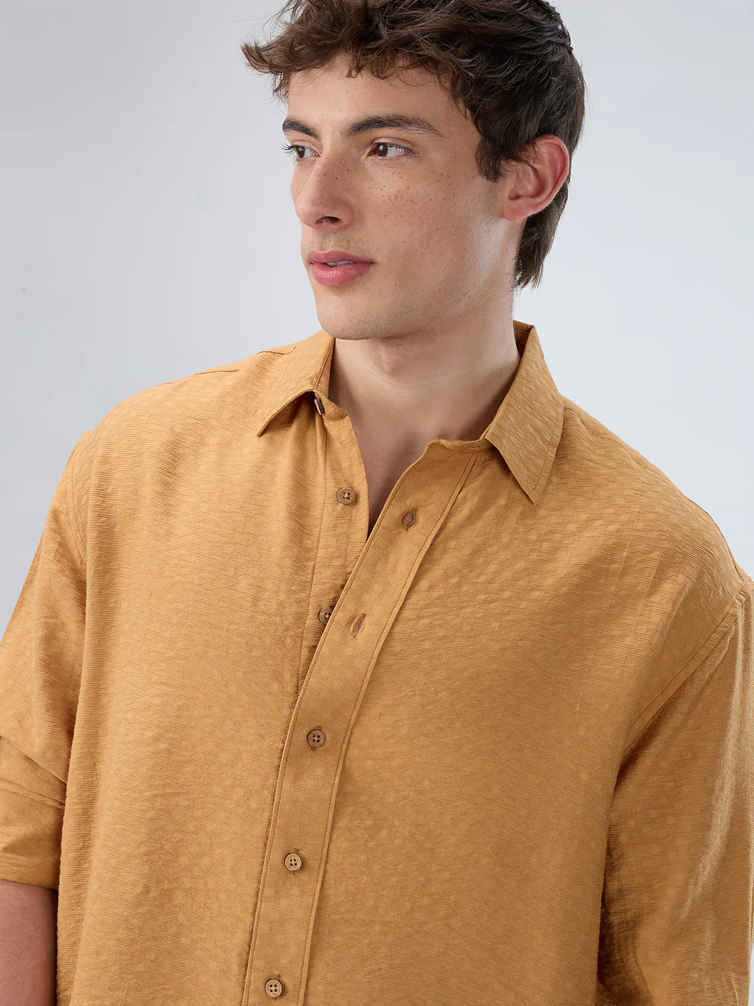 Warm Mustard Sun-Cured Lightweight Textured Boxy Fit  Crop Shirt - Image 3