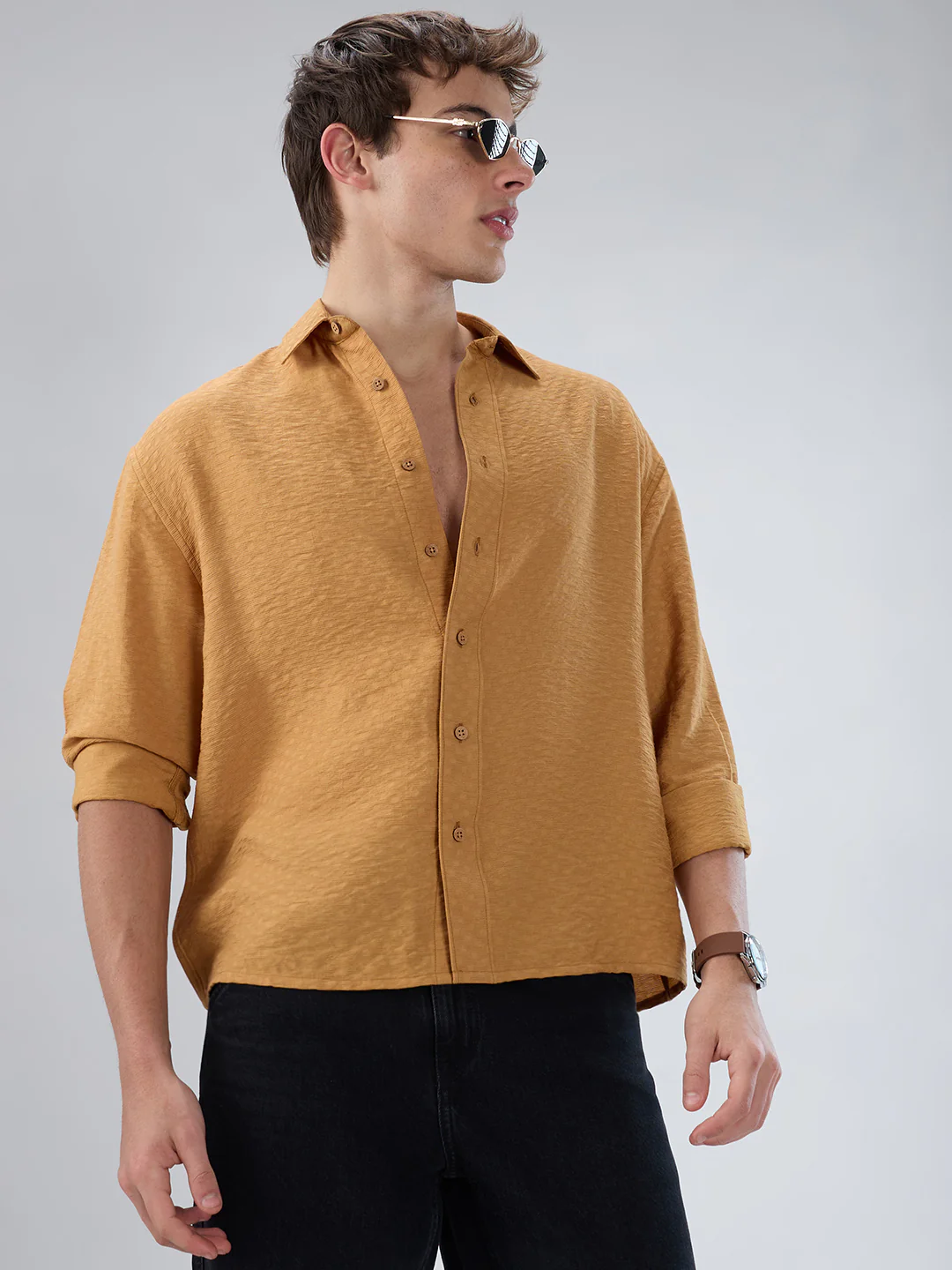 Warm Mustard Sun-Cured Lightweight Textured Boxy Fit  Crop Shirt - Image 4