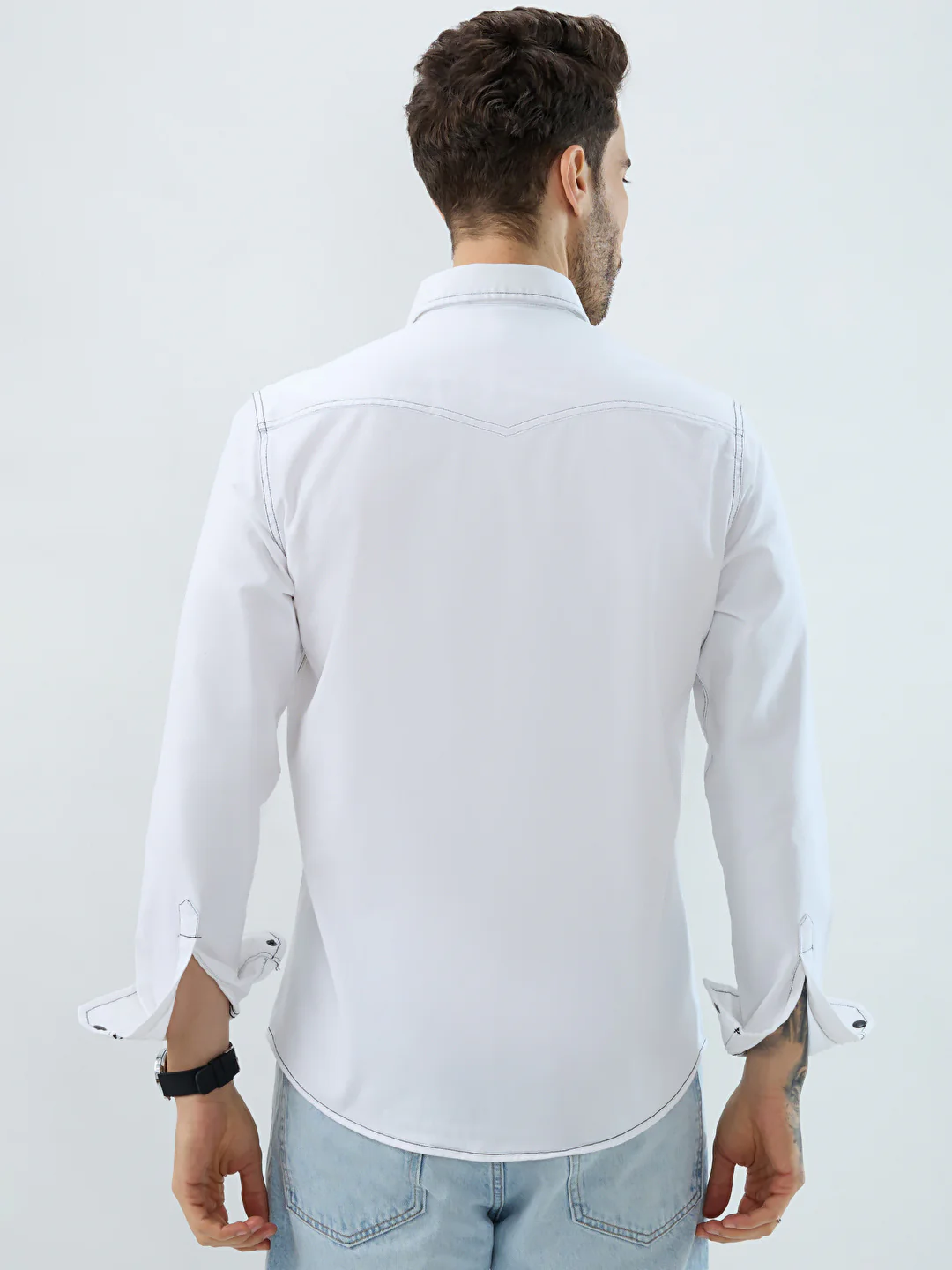 White Contrast Stitch Double Pocket Overshirt - Image 8