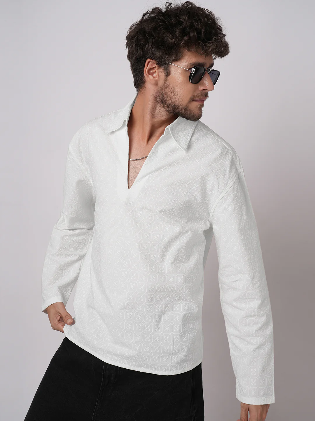 White Petal Grid Embroidered Oversized Polo Neck Shirt - Image 4