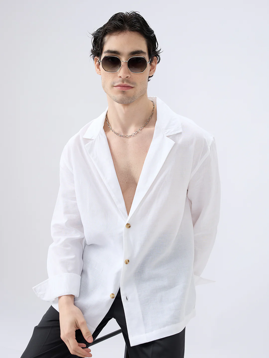 Whiteout Linen Notched Lapel Collar Oversized Shirt - Image 2