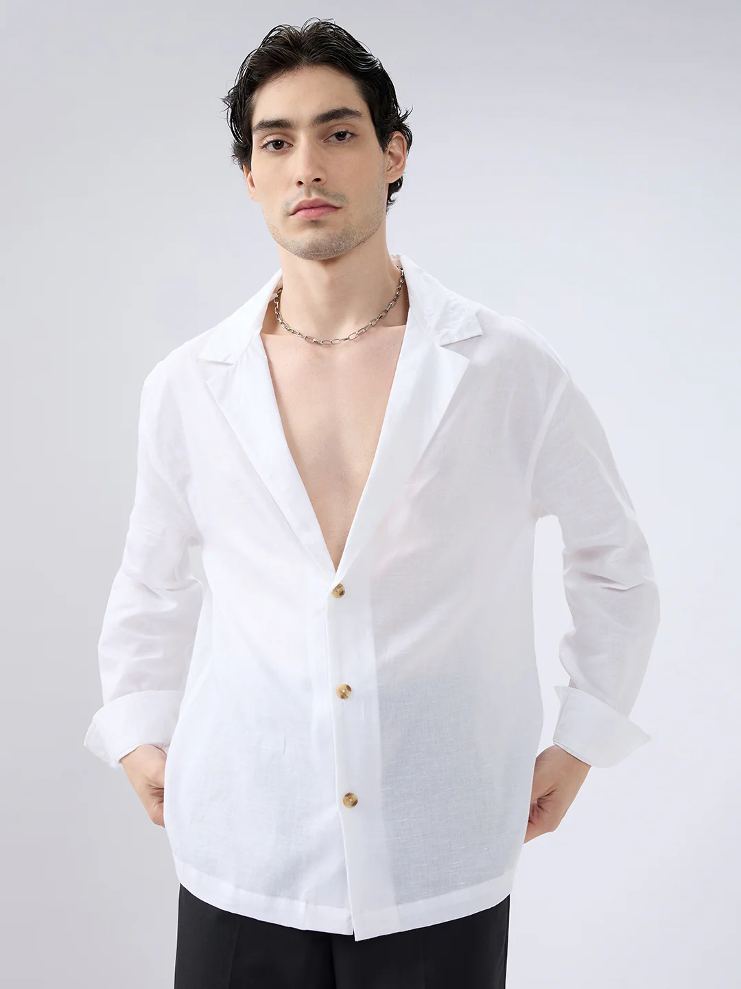 Whiteout Linen Notched Lapel Collar Oversized Shirt - Image 4