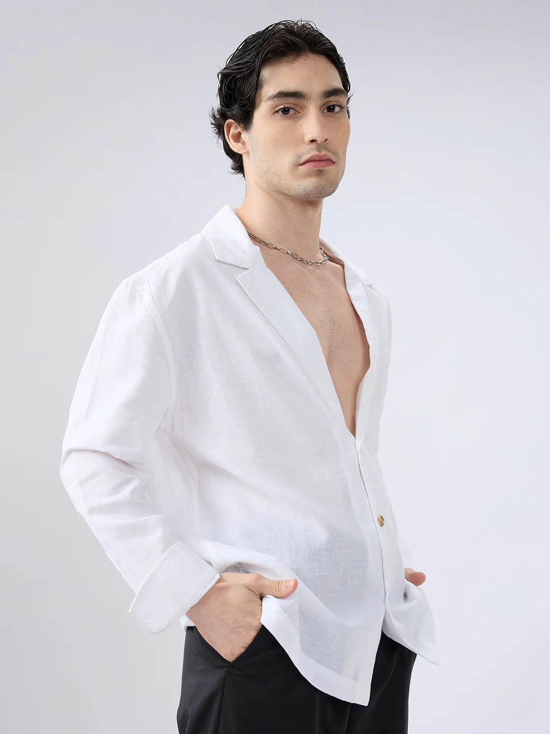 Whiteout Linen Notched Lapel Collar Oversized Shirt - Image 5