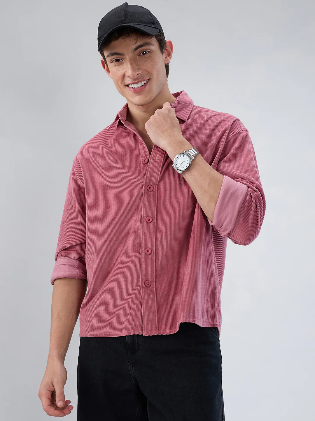 Wild Orchid Pink Corduroy Boxy Fit Crop Shirt - Image 4